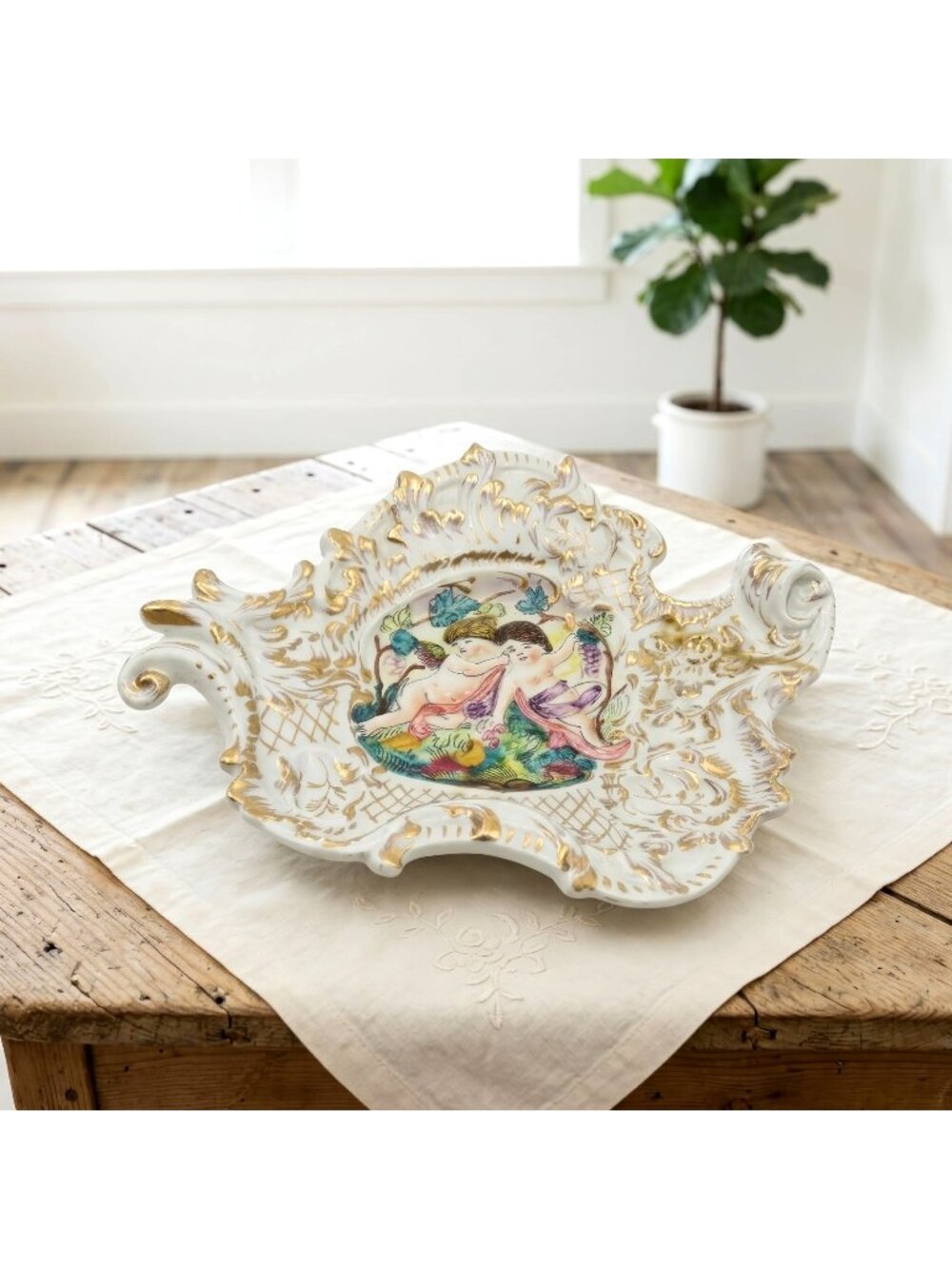 Capodimonte Gilded Porcelain Dish Cherubs Italy Vintage 11" - AS IS